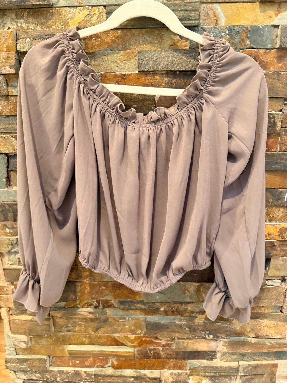 Edikted Taupe Off-Shoulder Ruffle Blouse - Picture 2 of 8